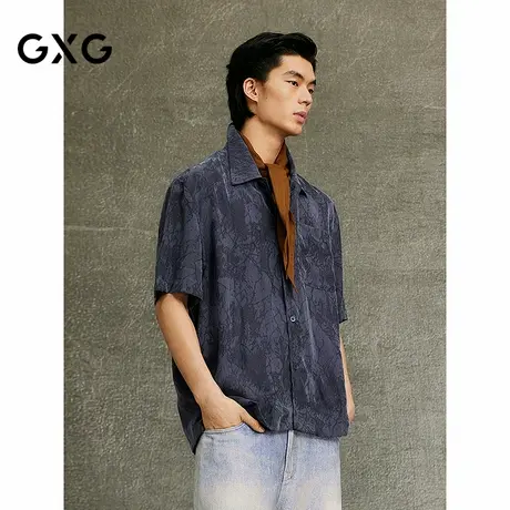 GXG男装 商场同款藏青色古巴领时尚短袖衬衫 25夏新品G25X232007图片
