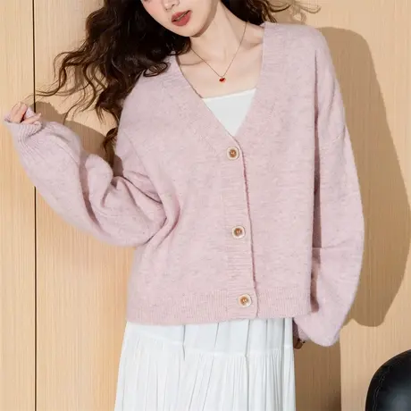 唐狮秋冬毛线衫女简约百搭V领针织开衫外套高红色费尔岛外套TD图片