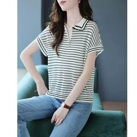 宝诗黎Polo领镂空条纹T恤女2023年夏季新款蝙蝠短袖时尚休闲上衣商品大图