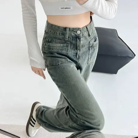 美式窄版直筒牛仔裤女薄款2023年春秋新款高腰显瘦小个子阔腿裤子商品大图