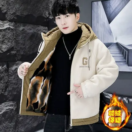 个性加绒加厚连帽羊羔毛棉衣男学生刺绣颗粒绒外套保暖拼接棉服潮商品大图