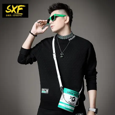 SXF圣希梵华夫格男士卫衣 半高领宽松提花上衣2023新款衣服男潮牌商品大图