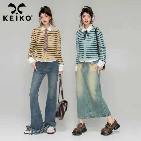 KEIKO学院风条纹针织衫开衫薄款早秋气质30%羊毛衣外套短款上衣商品大图