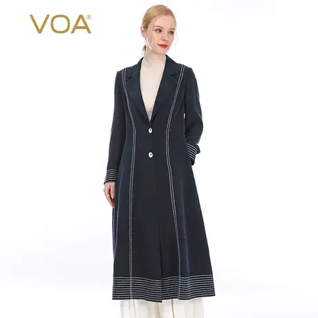 VOA重磅真丝30姆米藏青砂洗平驳领贝壳扣白绣花立裁桑蚕丝外套商品大图