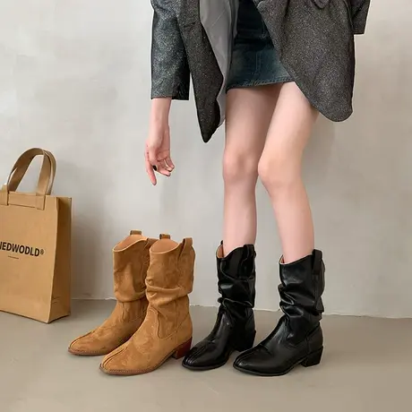 长筒靴女2023春秋季新款复古小众设计感分趾西部牛仔靴粗跟堆堆靴商品大图