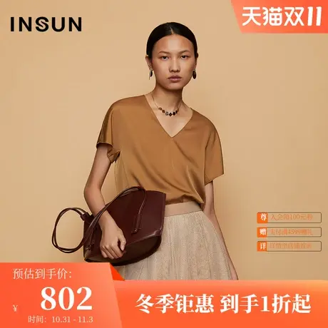 恩裳春秋季设计师联名款都市摩登醋酸V领光泽感短袖衬衫商品大图