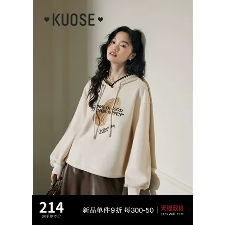 阔色米白色连帽加绒卫衣女2023秋冬季新款套头短款宽松厚款上衣商品大图