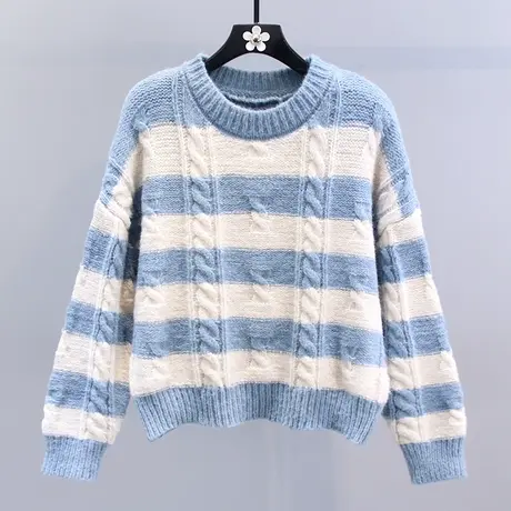 日系复古条纹麻花毛衣女秋冬2023新款宽松慵懒风圆领打底针织上衣商品大图
