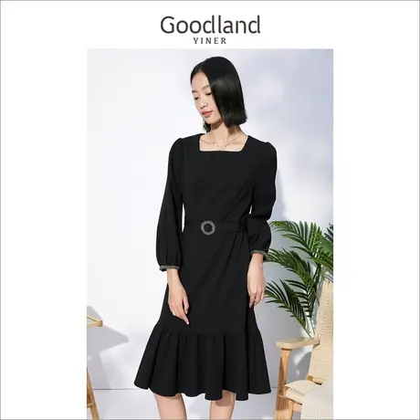 Goodland美地女装冬季织带气质收腰赫本风方领连衣裙图片