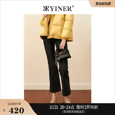 YINER音儿女装冬季舒适钉扣微喇裤脚前开衩牛仔裤商品大图
