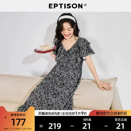 EPTISON连衣裙女2024夏季新款雪纺印花宽松荷叶边甜美休闲裙子图片