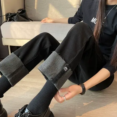 挽边直筒加绒牛仔裤女秋冬薄绒小个子高腰宽松显瘦法棍九分烟管裤商品大图