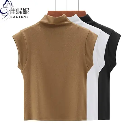 秋季新款韩版高领修身短款纯欲纯色简约纯棉短袖体恤上衣内搭女装商品大图