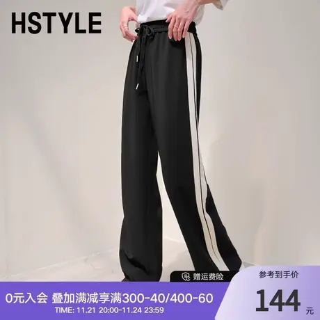 韩都衣舍2024春装新款运动休闲裤撞色条纹织带直筒裤HDK7004商品大图