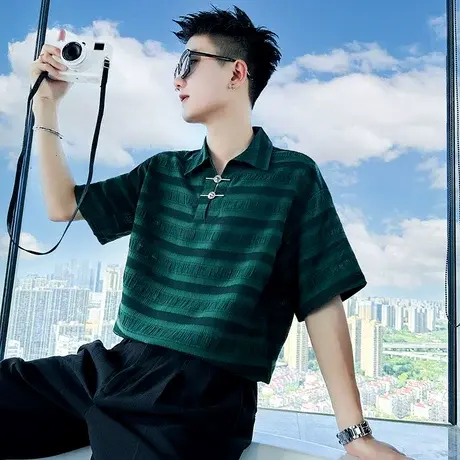 夏季男士t恤唐装polo衫短袖宽松翻领半袖潮牌潮流薄款国风INS体恤商品大图