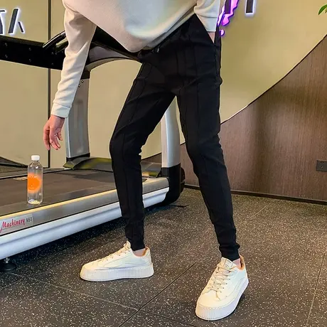秋冬季加绒小脚裤加厚男裤哈伦裤韩版修身痞帅条纹裤子潮牌休闲裤商品大图