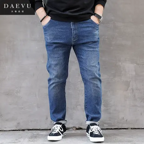 秋春新款雪花水洗韩版厚料大号潮胖子小脚加肥加大码男士牛仔裤商品大图