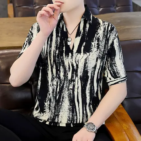 短袖t恤男夏季痞帅潮牌印花宽松休闲五分半中袖美式重磅带领体恤商品大图