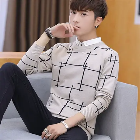 假两件长袖T恤男士毛衣秋冬季韩版潮流针织打底衫加绒加厚上衣服商品大图