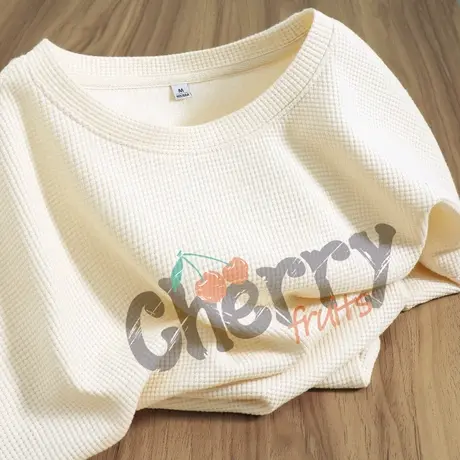 ZR真维斯短袖t恤女2023新款夏季华夫格中长款下半身失踪杏色上衣图片