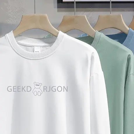 白色卫衣男潮牌小熊圆领套头无帽上衣服字母印花秋季加绒长袖t恤图片