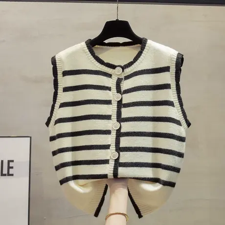 圆领针织开衫马甲背心女2023秋装新款宽松外穿马夹条纹毛衣坎肩潮商品大图