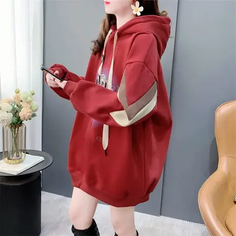 美式复古中长款加绒加厚连帽卫衣女2023新款秋冬宽松新年红色上衣商品大图