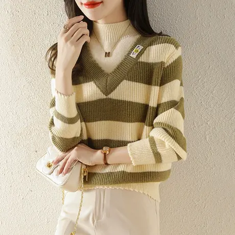 半高领毛衣秋冬季女士针织衫套头宽松假两件套头上衣条纹打底衫商品大图