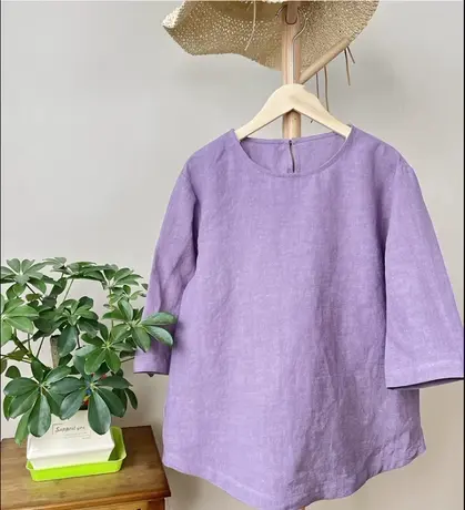 享永子汉麻T恤上衣文艺复古气质高级感中袖休闲套头衫2024夏新款图片