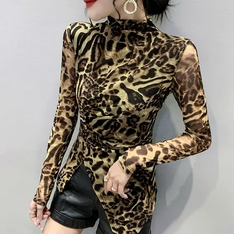 不规则开叉长袖T恤小众设计感豹纹上衣洋气紧身加绒打底衫女秋冬商品大图