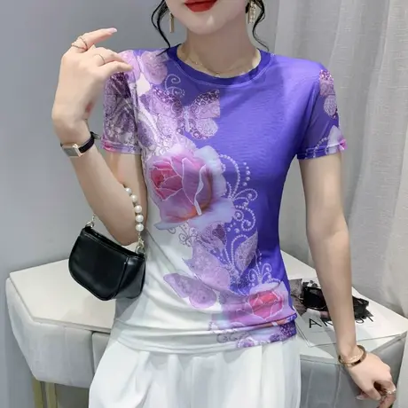 夏季性感网纱短袖T恤女洋气打底小衫设计感小众印花别致上衣半袖商品大图