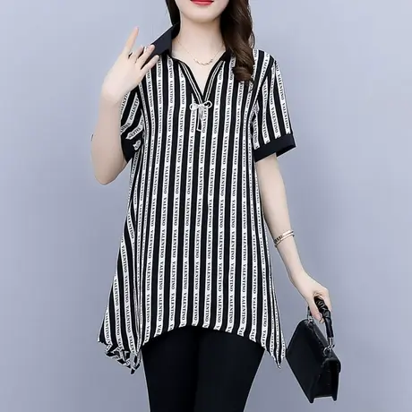 中长款条纹衬衫女2023夏季新款大码女装胖MM洋气减龄遮肚子雪纺衫图片