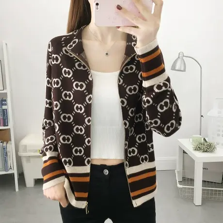 秋装2023年新款半高领复古针织开衫外套短款长袖拉链棒球服外搭女商品大图