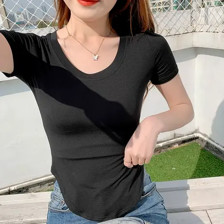 莫代尔圆领短袖T恤女扇形下摆修身春夏百搭黑色正肩小个子潮上衣商品大图