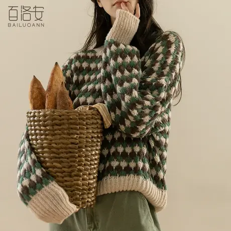 百洛安别致针织衫女圆领长袖上衣春装新款慵懒风宽松大码套头毛衣图片