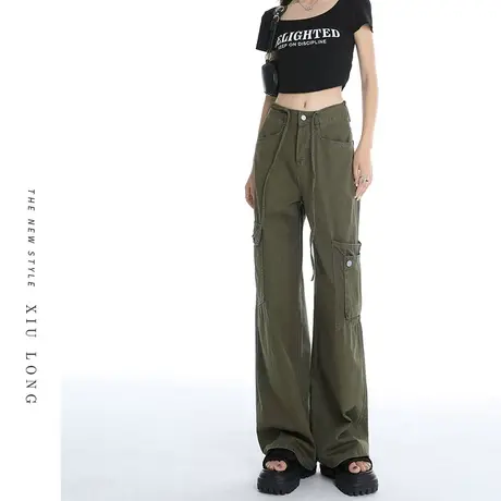 军绿工装休闲裤女高腰秋2023新款秋装设计感宽松显瘦牛仔阔腿裤子图片