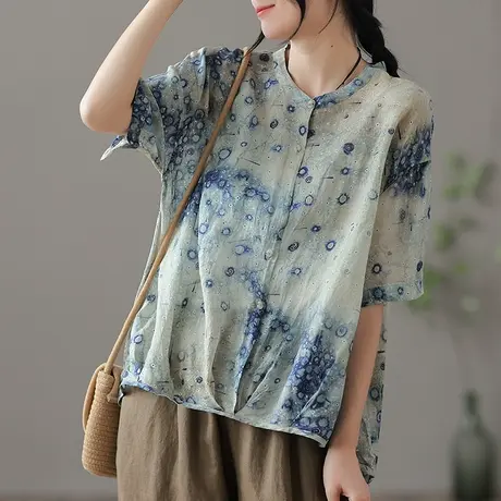 dza 复古高端苎麻上衣女士短袖衬衫2022夏季薄款宽松气质棉麻衬衣图片