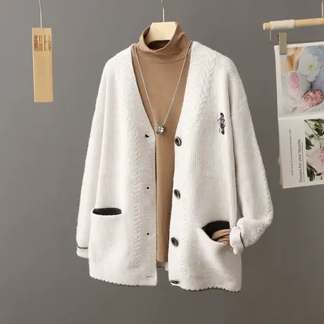 学院风纯色宽松毛衣开衫女宽松中长款秋冬季慵懒风外搭针织外套潮图片