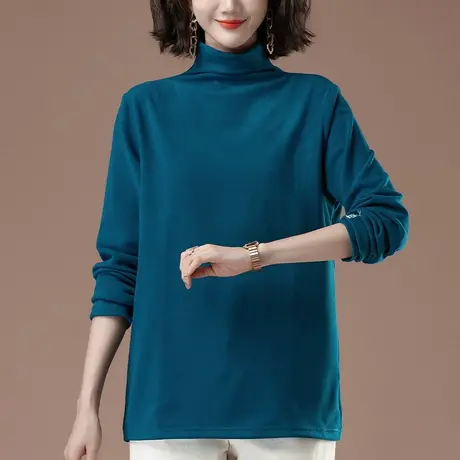 秋冬新款半高领打底衫女加肥加大码女装宽松中年妈妈洋气显瘦t恤商品大图