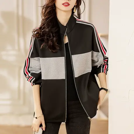 休闲外套女春秋薄款大码女装宽松中年妈妈洋气拼接遮肚子显瘦上衣商品大图