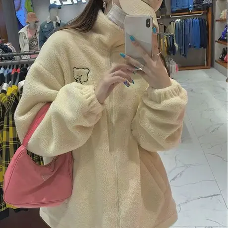 羊羔毛外套女冬季学生加厚拉链半高领卫衣韩版毛绒机车服宽松ins商品大图