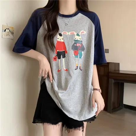 ins超火撞色短袖T恤女夏季纯棉宽松韩版洋气减龄童趣风插肩袖上衣商品大图