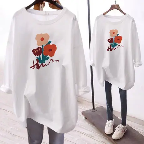 韩版慵懒风薄款长袖t恤女大码oversize宽松打底衫ins潮减龄上衣秋商品大图