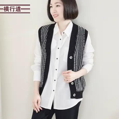 V领格子小马甲宽松背心2024新款休闲无袖黑色开衫纽扣小外套女衣商品大图