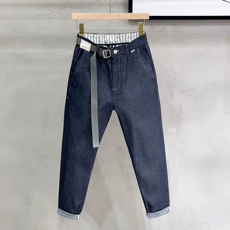 腰带装饰牛仔裤男时尚显瘦潮流修身小脚弹力九分裤直筒宽松男裤子图片