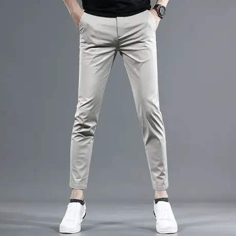 夏季薄款冰丝九分休闲裤男2024新款潮牌修身小脚卡其色弹力裤子男图片