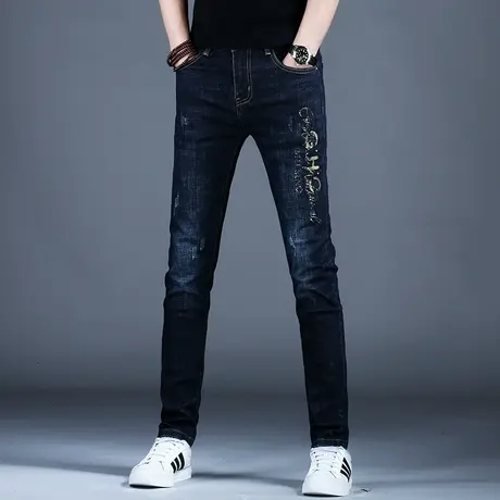男士新款秋冬牛仔裤男款时尚烫钻修身小脚裤子男2023新款潮牌百搭商品大图