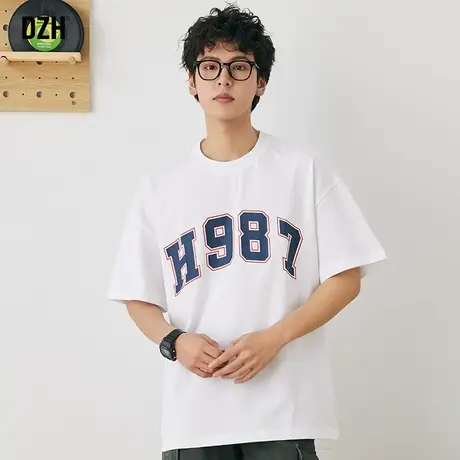男生印花白色短袖t恤男夏季校园运动打底衫2023新款圆领上衣体恤商品大图