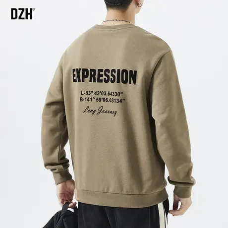 男士卡其色无帽重磅卫衣男春秋款圆领美式潮牌外套男2023新款爆款商品大图