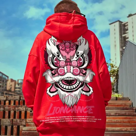oversize卫衣男连帽潮牌醒狮宽松国潮中国风大码本命年红色衣服潮图片